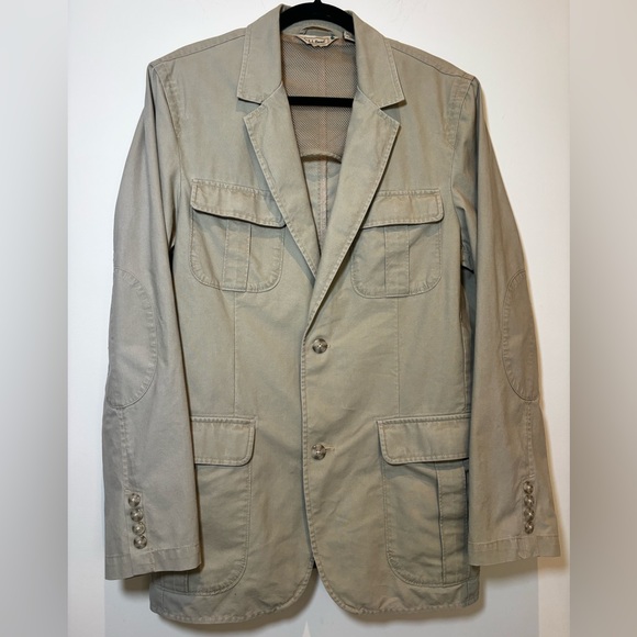 L.L. Bean Safari Field Jacket Pockets Elbow Patch Tan Neutral Khaki VTG Mens LG - Picture 3 of 16